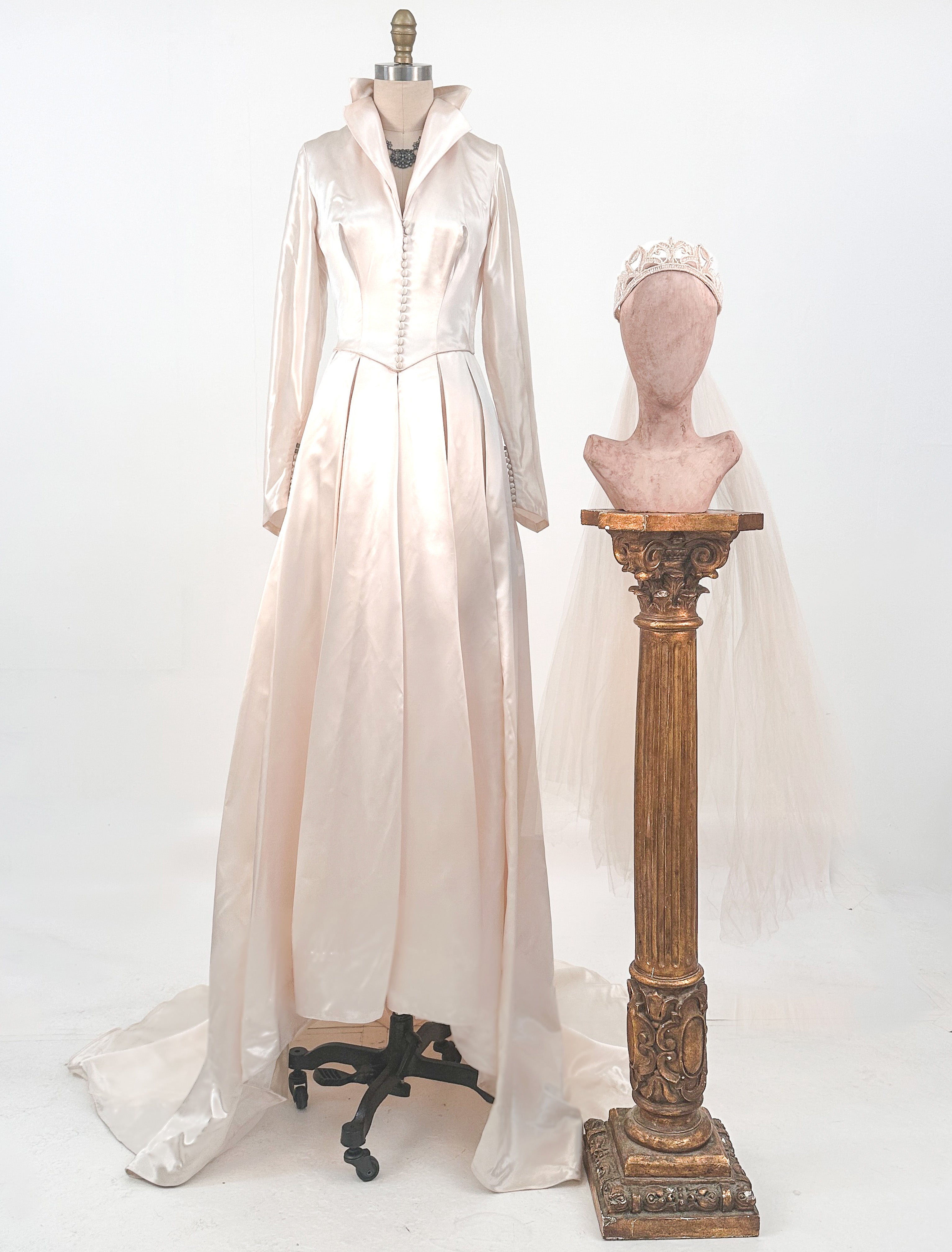 1940s Pink Champagne Slipper Satin Wedding Gown with Headpiece Waist BrooklynGrrrlVintage