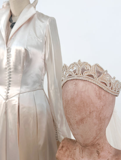 1940s Pink Champagne Slipper Satin Wedding Gown with Headpiece / Waist 26