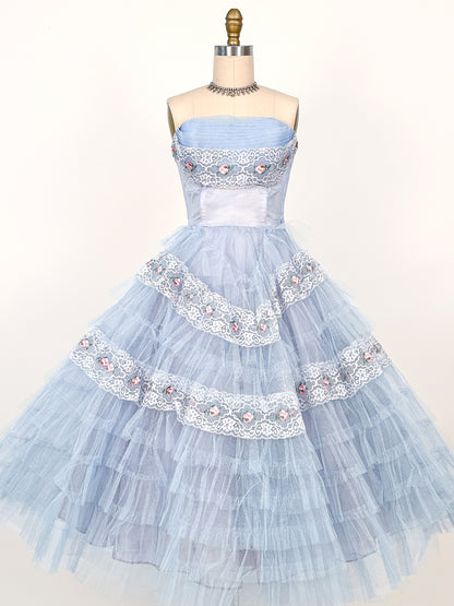 1950s Dreamy Pale Blue Tulle Party Dress / Waist 26