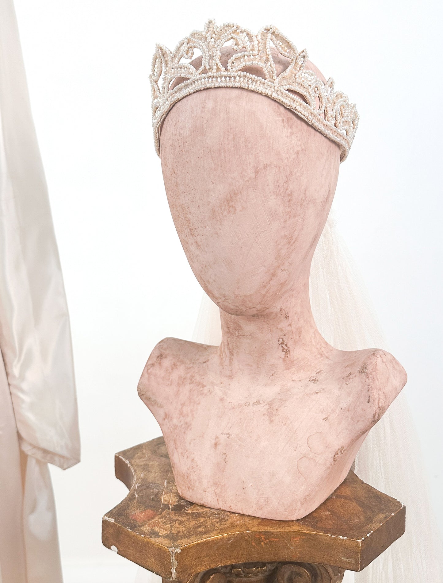 1940s Pink Champagne Slipper Satin Wedding Gown with Headpiece / Waist 26