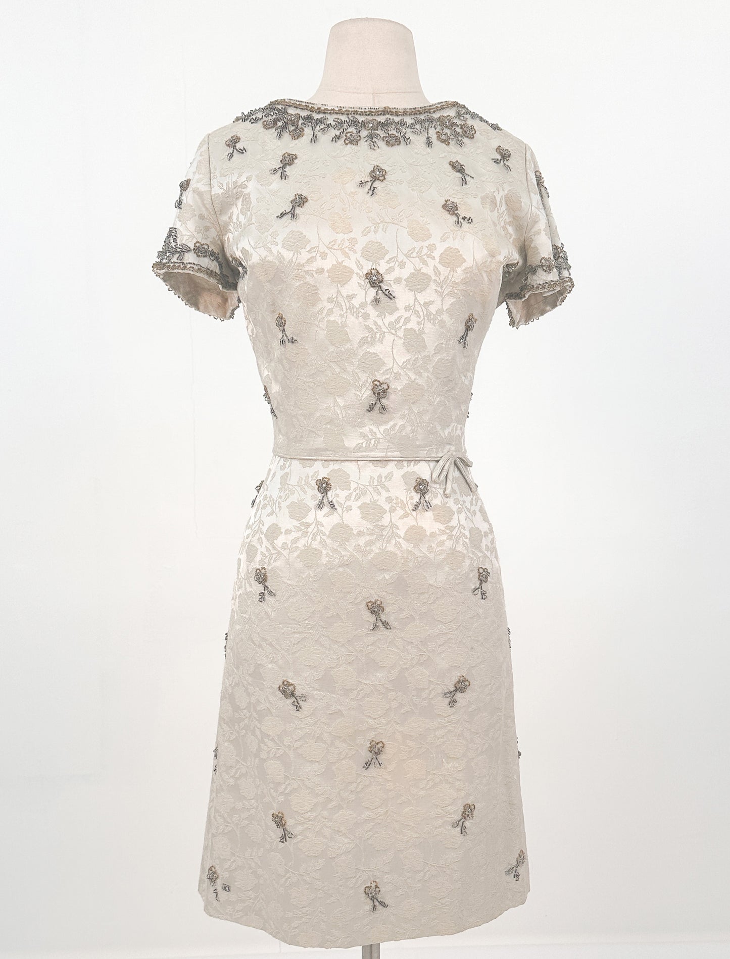 1950s Taupe and Gold Beaded Brocade Dress / Waist 30