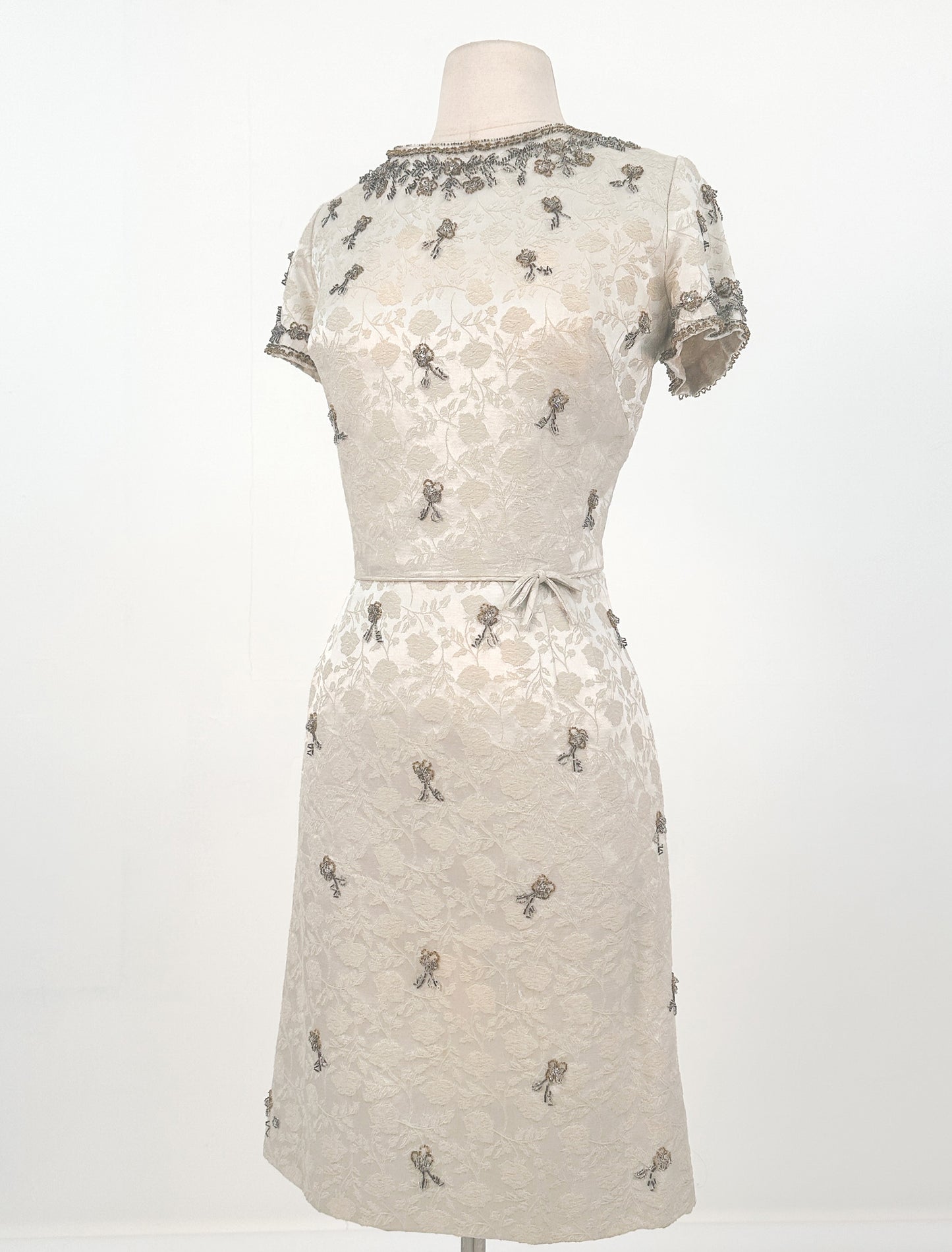 1950s Taupe and Gold Beaded Brocade Dress / Waist 30