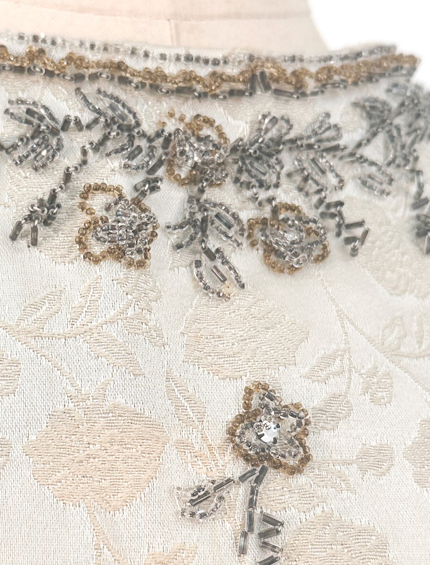 1950s Taupe and Gold Beaded Brocade Dress / Waist 30