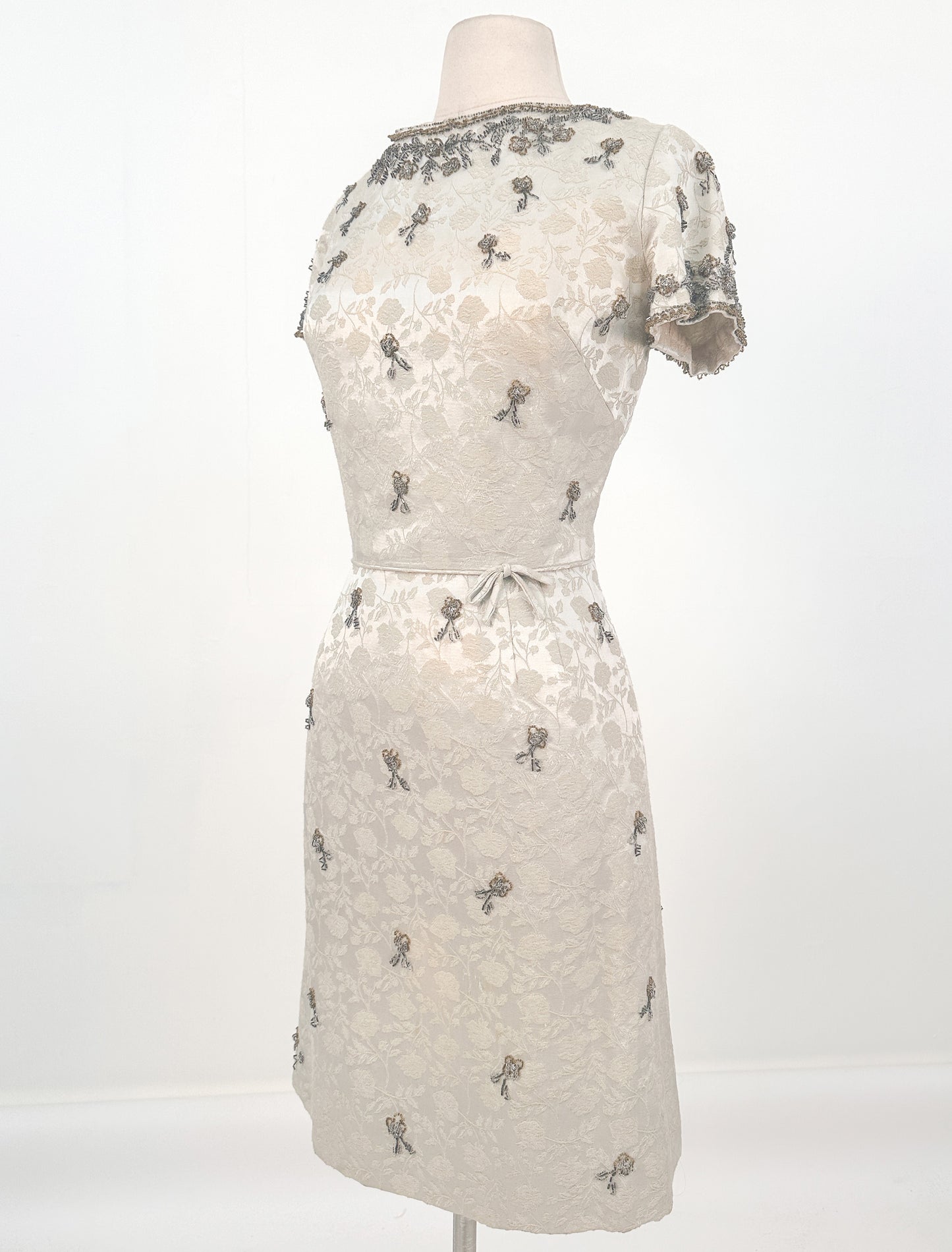1950s Taupe and Gold Beaded Brocade Dress / Waist 30