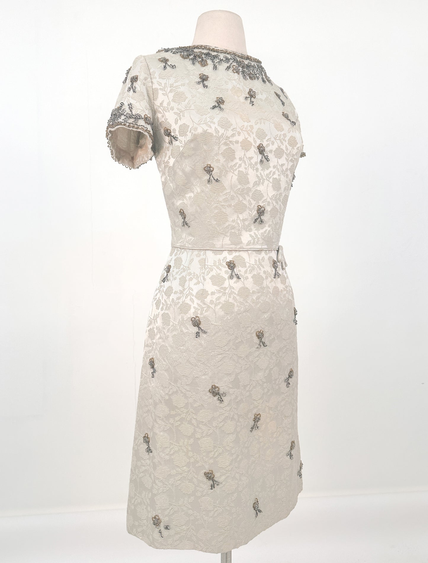 1950s Taupe and Gold Beaded Brocade Dress / Waist 30