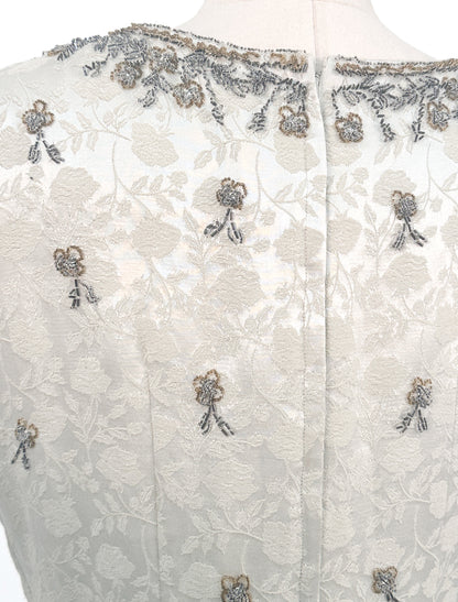 1950s Taupe and Gold Beaded Brocade Dress / Waist 30