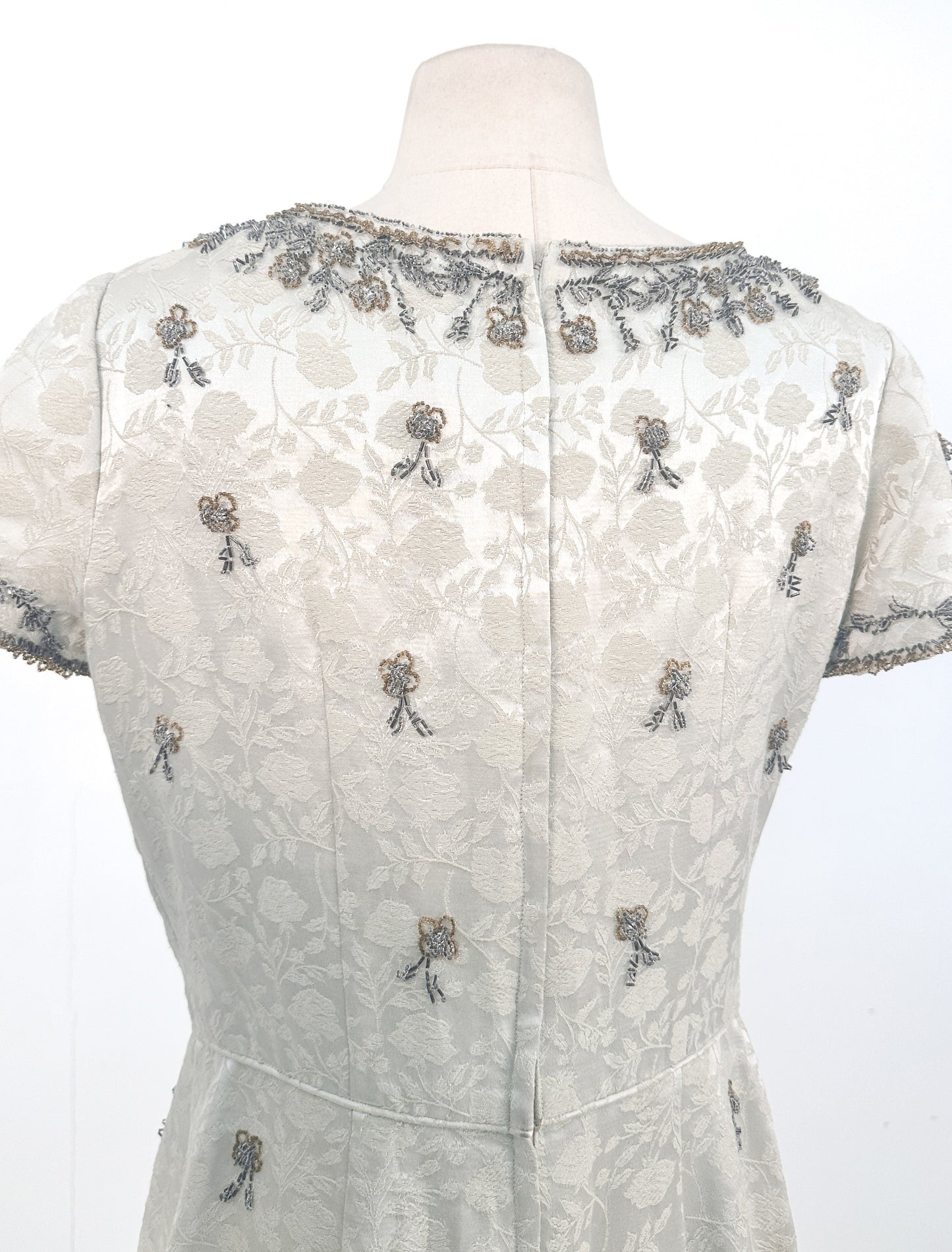 1950s Taupe and Gold Beaded Brocade Dress / Waist 30