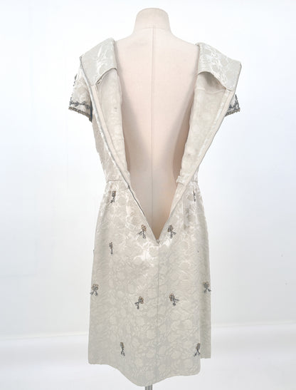 1950s Taupe and Gold Beaded Brocade Dress / Waist 30