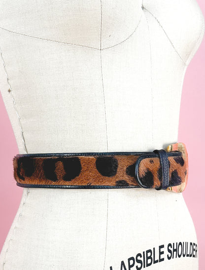 1980s Pony Hair Leopard Print Statement Belt / up to a Waist 29"