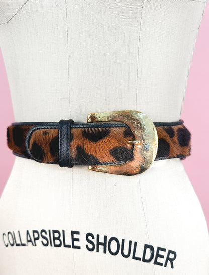 1980s Pony Hair Leopard Print Statement Belt / up to a Waist 29"