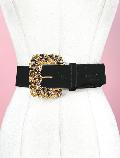 1990s Felted Statement Belt with Rose Buckle / up to a Waist 33"