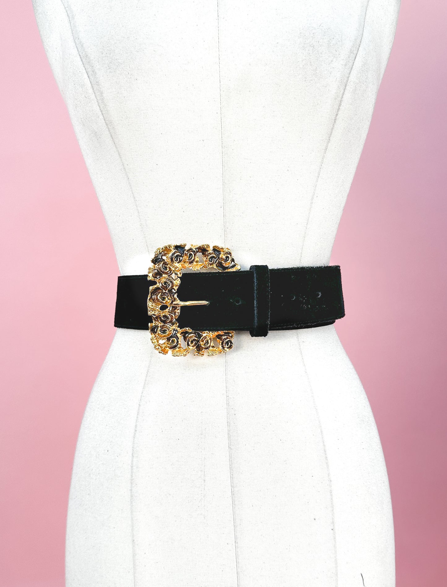 1990s Felted Statement Belt with Rose Buckle / up to a Waist 33"