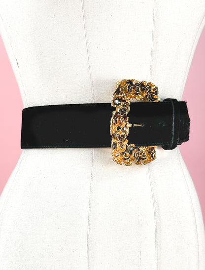 1990s Felted Statement Belt with Rose Buckle / up to a Waist 33"