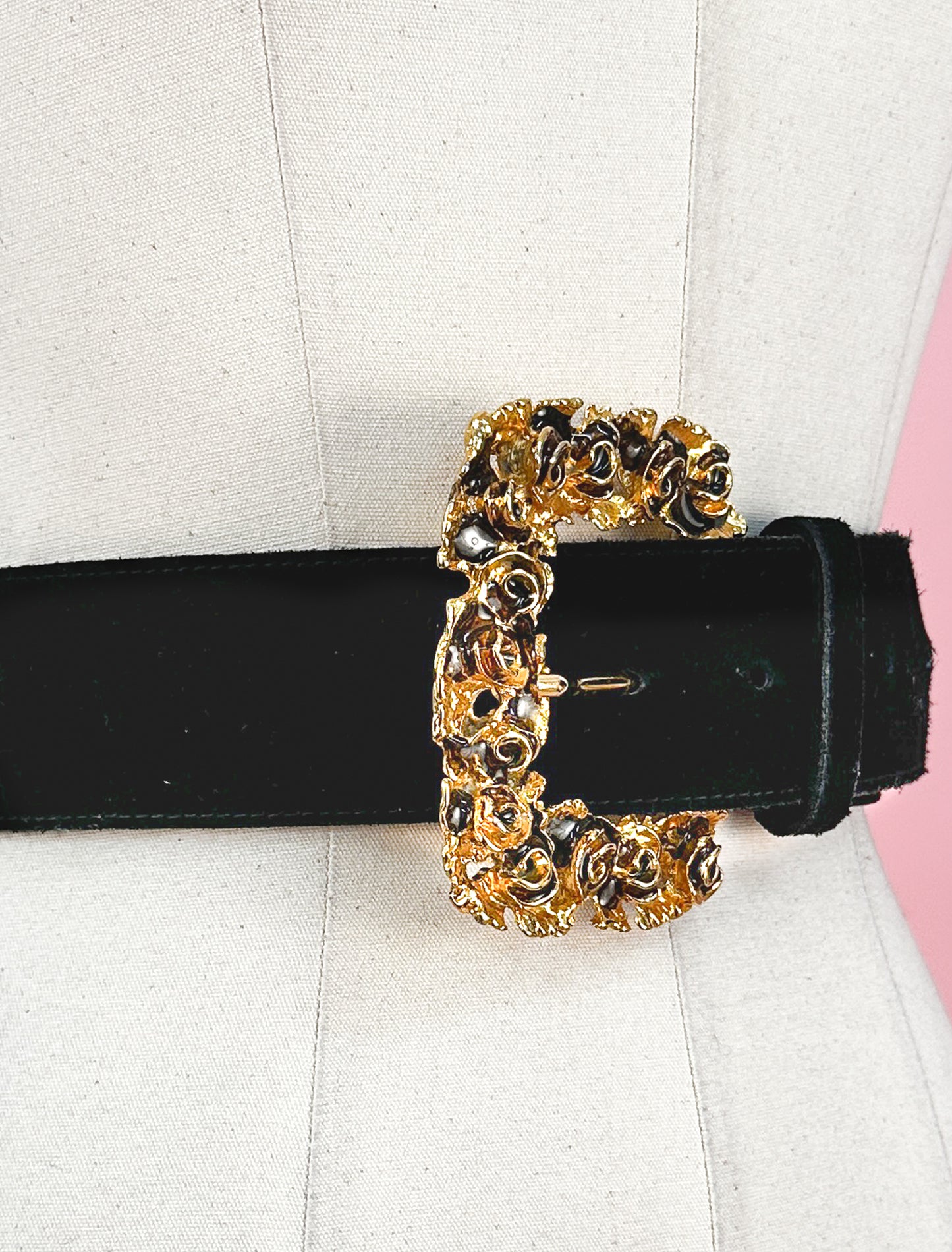 1990s Felted Statement Belt with Rose Buckle / up to a Waist 33"