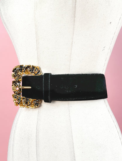 1990s Felted Statement Belt with Rose Buckle / up to a Waist 33"