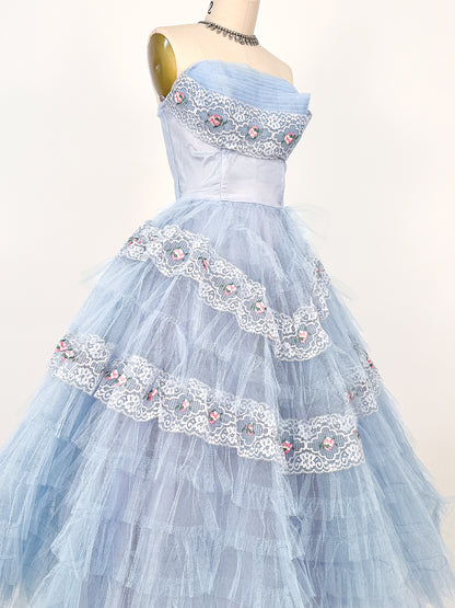 1950s Dreamy Pale Blue Tulle Party Dress / Waist 26