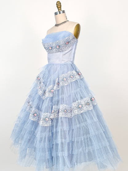 1950s Dreamy Pale Blue Tulle Party Dress / Waist 26