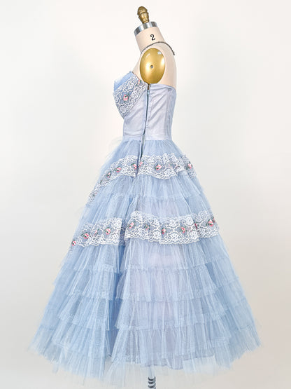 1950s Dreamy Pale Blue Tulle Party Dress / Waist 26