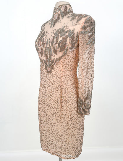 1980s Heavily Beaded Blush Cocktail Dress / Waist 30