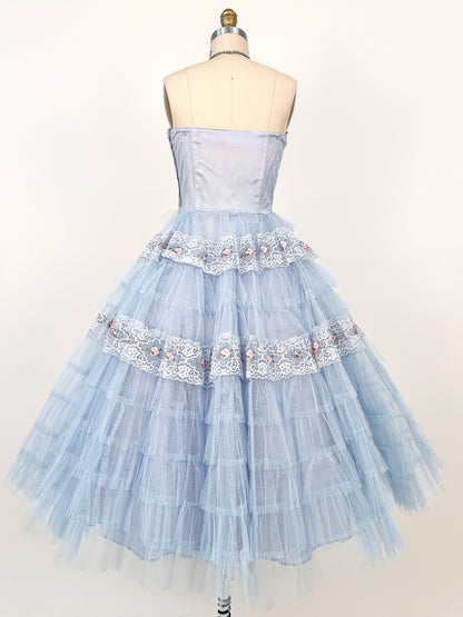 1950s Dreamy Pale Blue Tulle Party Dress / Waist 26