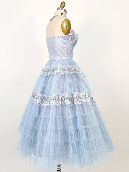1950s Dreamy Pale Blue Tulle Party Dress / Waist 26
