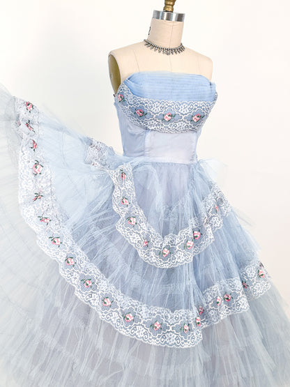 1950s Dreamy Pale Blue Tulle Party Dress / Waist 26