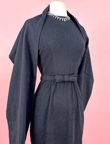 1950s Textured Cotton Wiggle Dress with Belt and Wrap / Waist 24