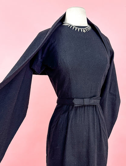 1950s Textured Cotton Wiggle Dress with Belt and Wrap / Waist 24