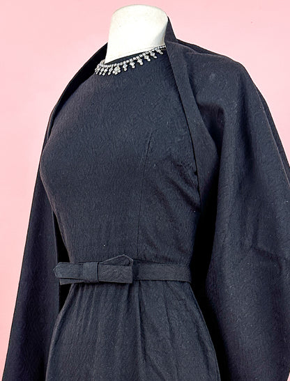 1950s Textured Cotton Wiggle Dress with Belt and Wrap / Waist 24