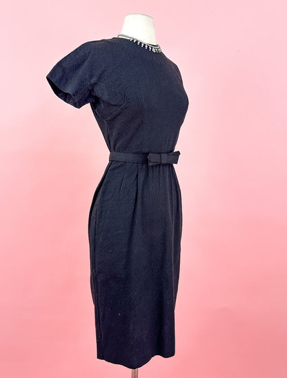 1950s Textured Cotton Wiggle Dress with Belt and Wrap / Waist 24