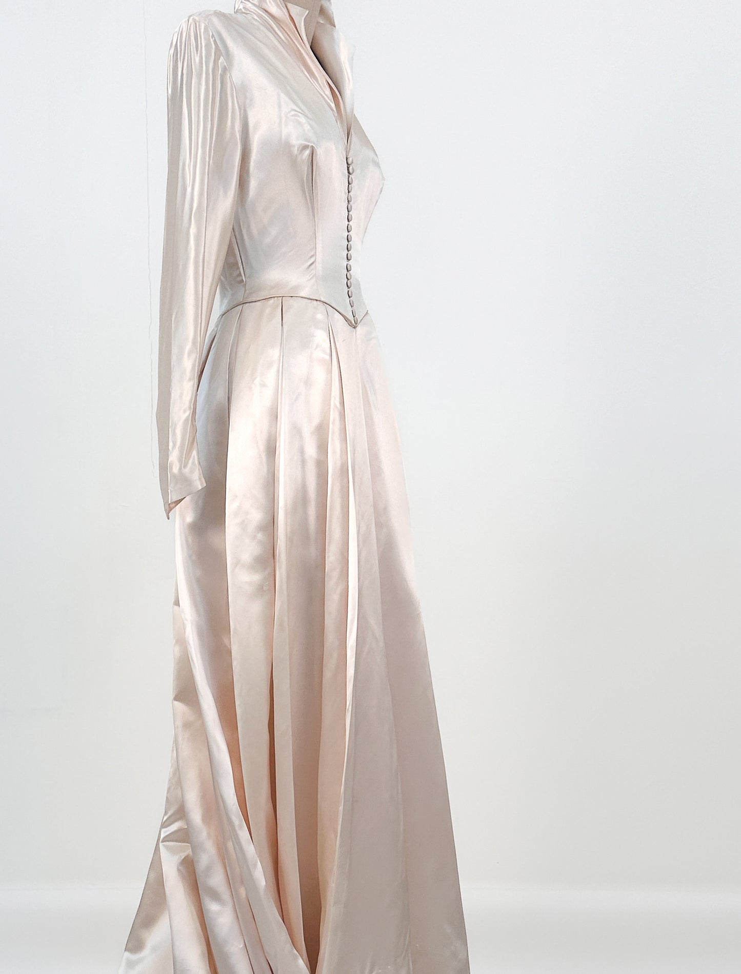 1940s Pink Champagne Slipper Satin Wedding Gown with Headpiece / Waist 26