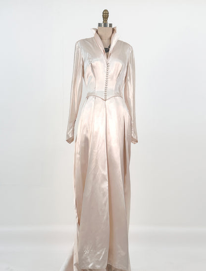 1940s Pink Champagne Slipper Satin Wedding Gown with Headpiece / Waist 26