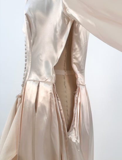 1940s Pink Champagne Slipper Satin Wedding Gown with Headpiece / Waist 26