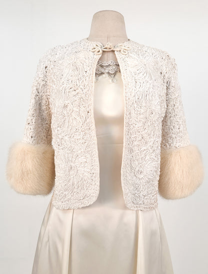 1950 White Ribbon Jacket with Mink Cuffs / OSFM