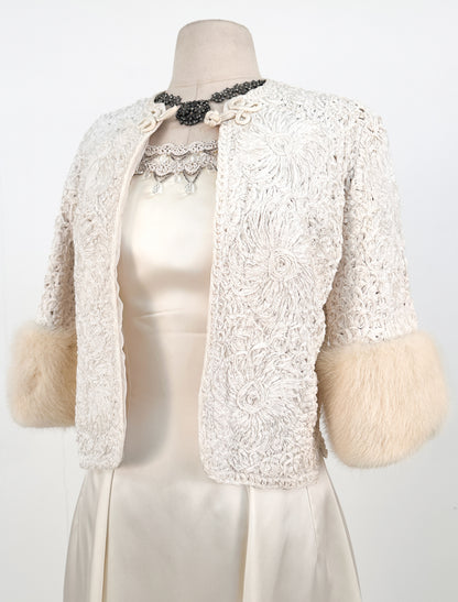 1950 White Ribbon Jacket with Mink Cuffs / OSFM