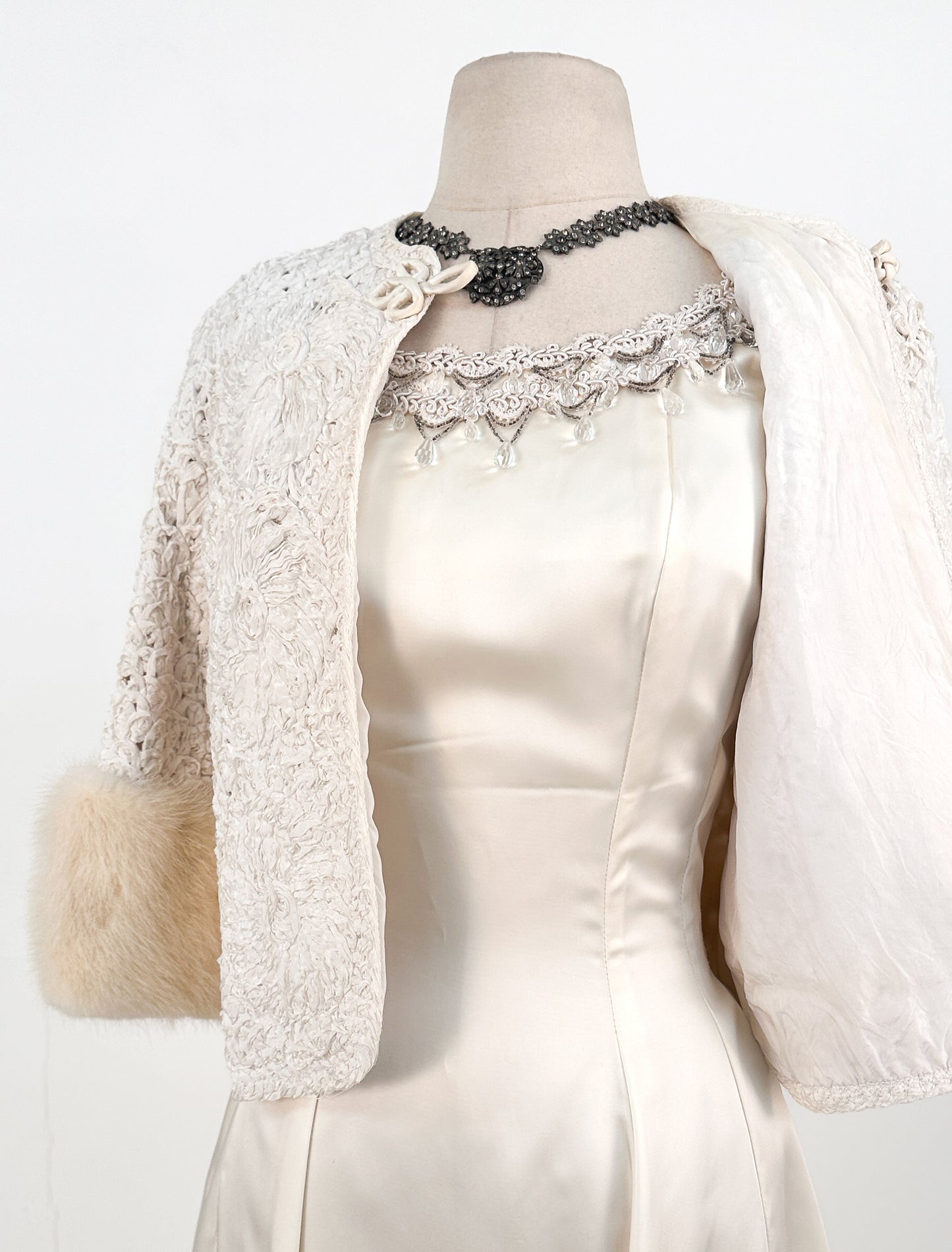 1950 White Ribbon Jacket with Mink Cuffs / OSFM
