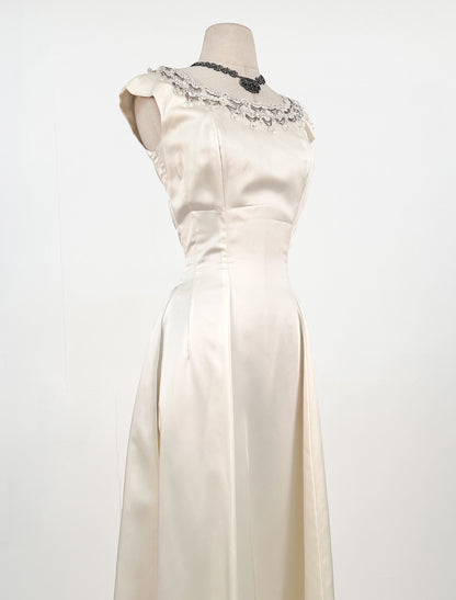 1960s White Satin Wedding Gown with Beaded Neckline / Waist 28"