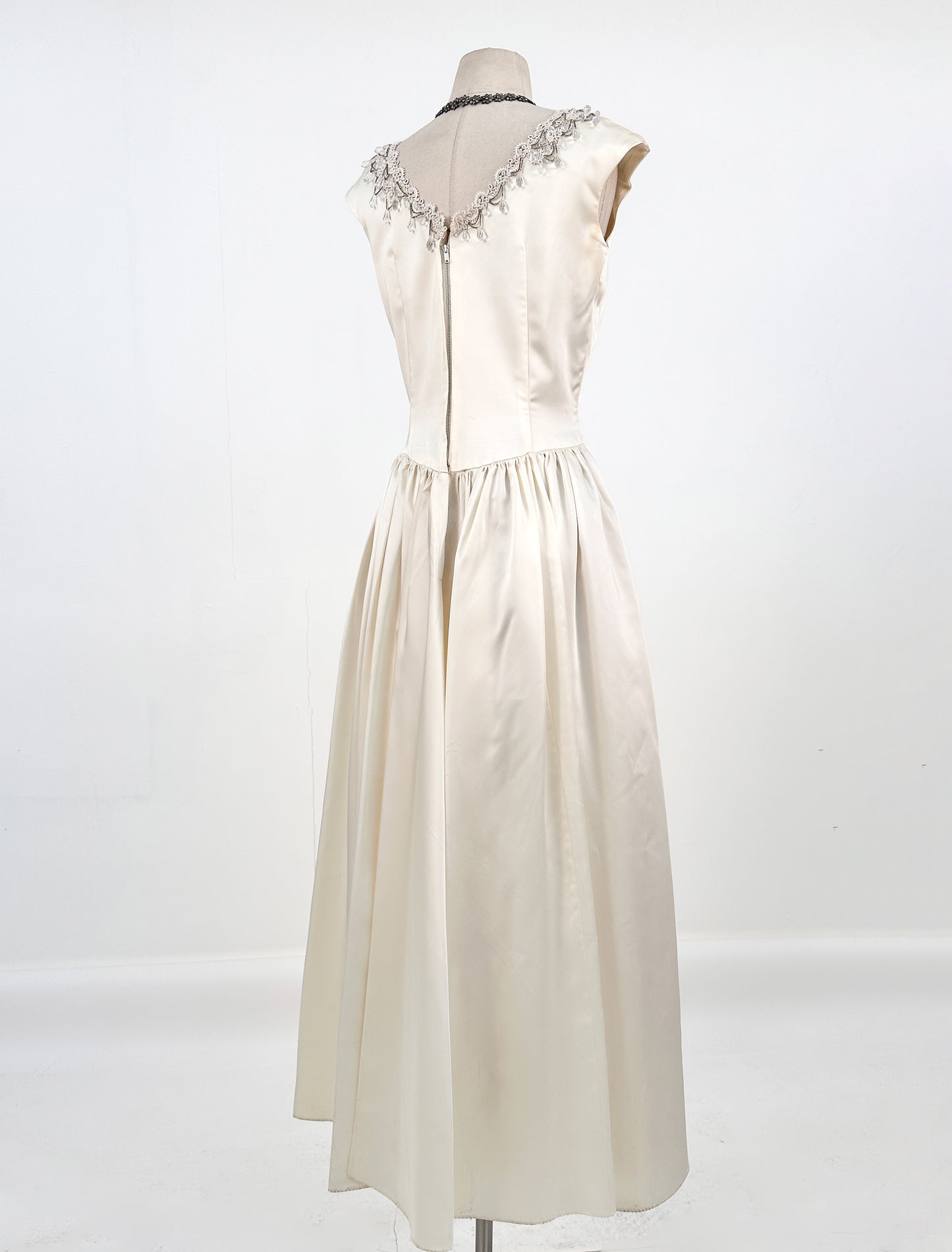 1960s White Satin Wedding Gown with Beaded Neckline / Waist 28"
