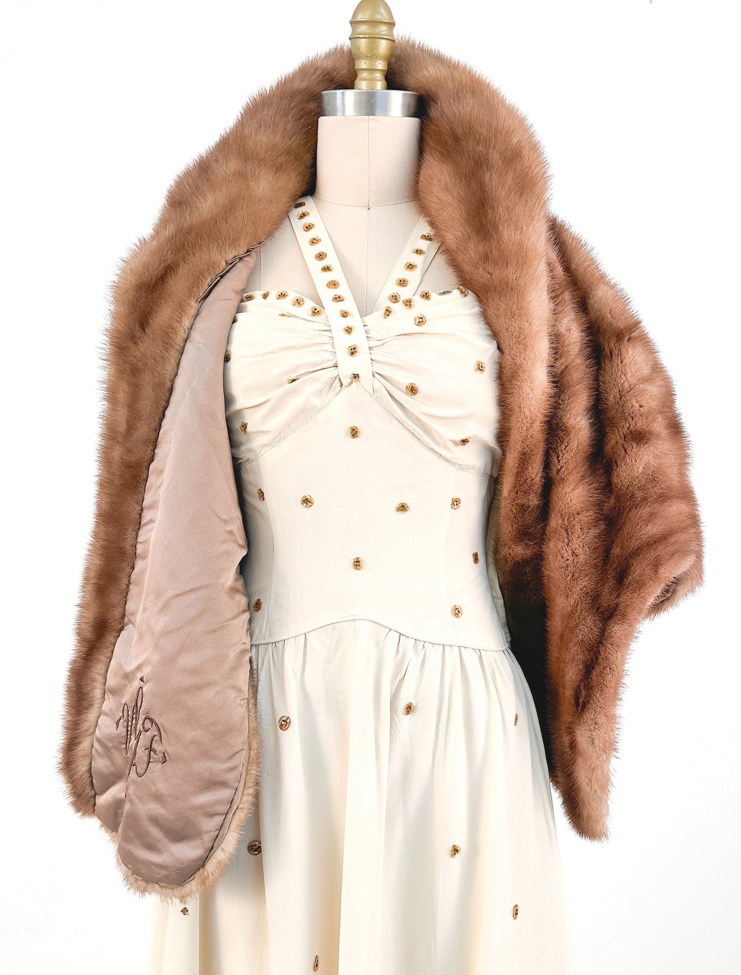 1940s Cream 'Old Hollywood' Dress with Bronze Sequins / Waist 26-28