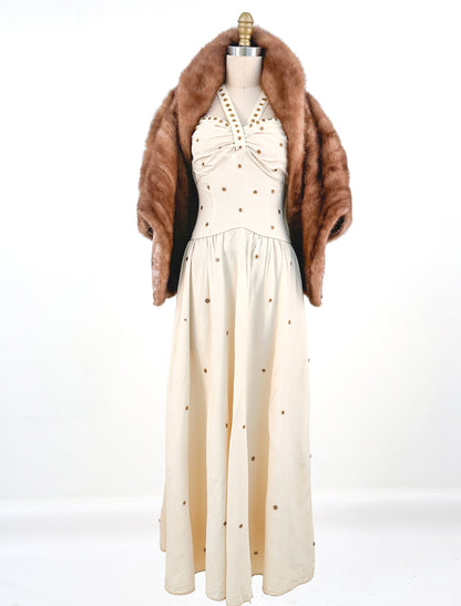 1940s Cream 'Old Hollywood' Dress with Bronze Sequins / Waist 26-28