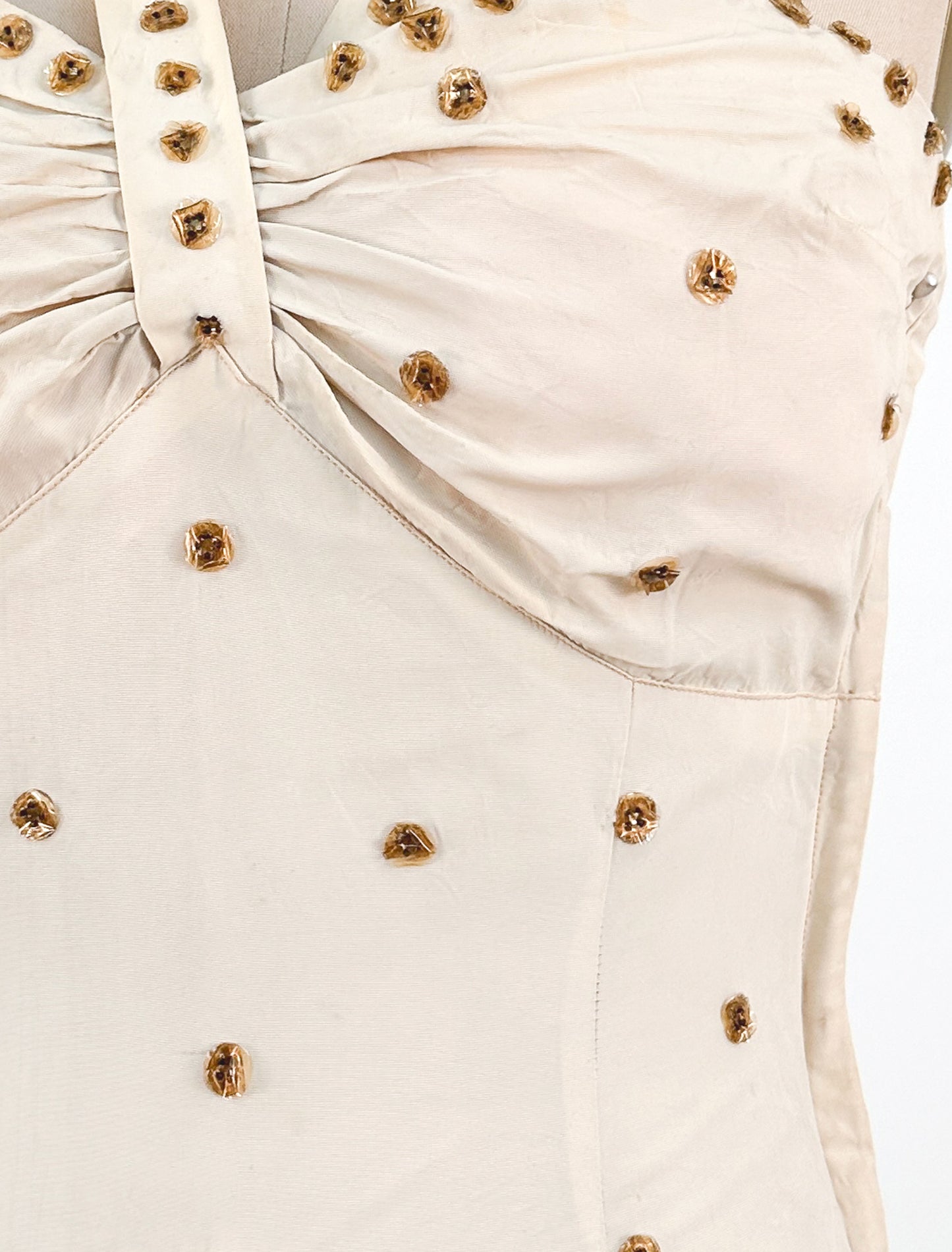 1940s Cream 'Old Hollywood' Dress with Bronze Sequins / Waist 26-28