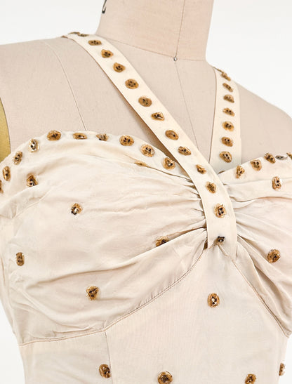 1940s Cream 'Old Hollywood' Dress with Bronze Sequins / Waist 26-28