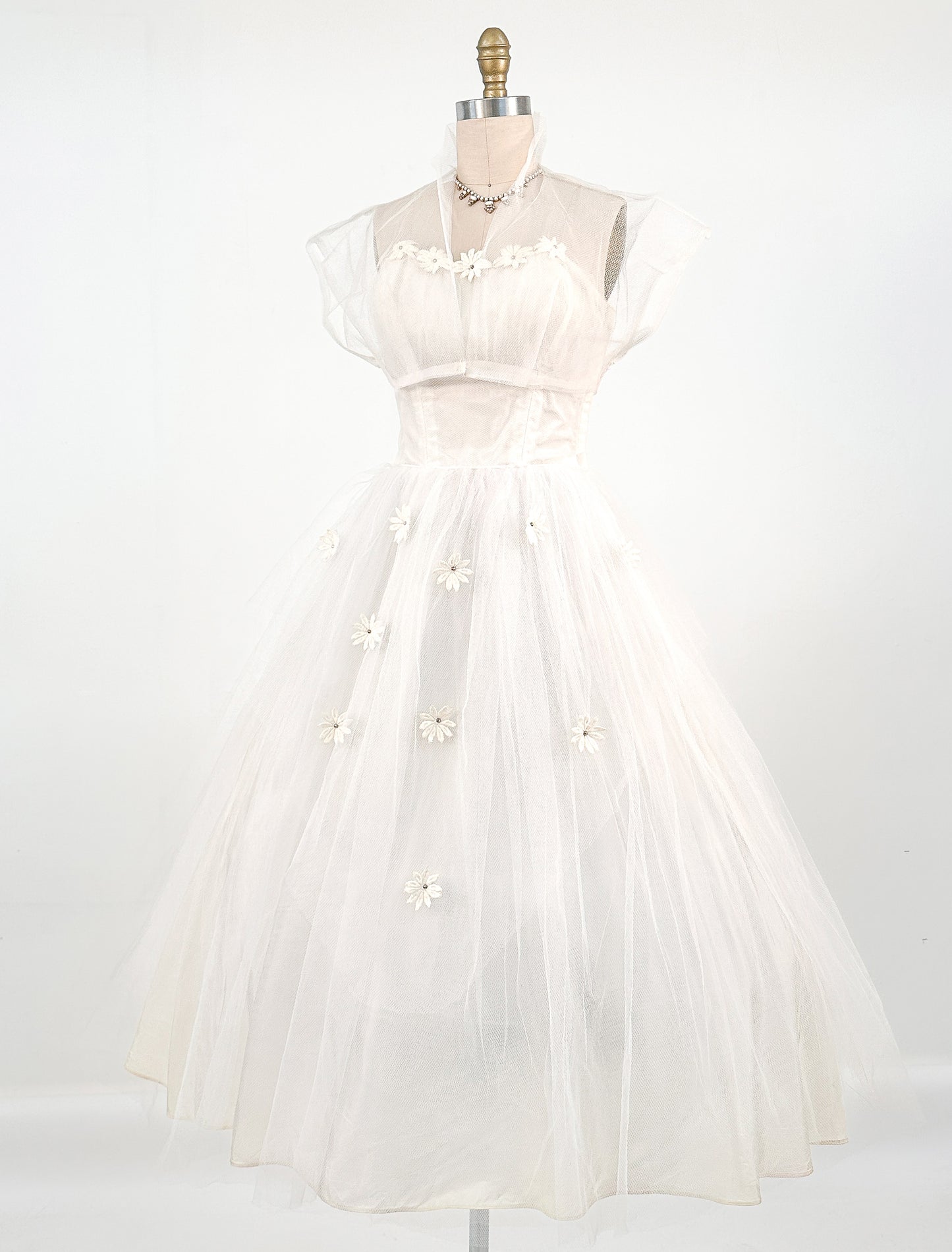 1950s Swan White Lace Floral Tulle Gown with Matching Bolero / Waist 26