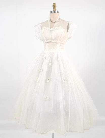 1950s Swan White Lace Floral Tulle Gown with Matching Bolero / Waist 26