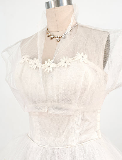 1950s Swan White Lace Floral Tulle Gown with Matching Bolero / Waist 26