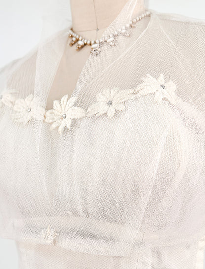1950s Swan White Lace Floral Tulle Gown with Matching Bolero / Waist 26