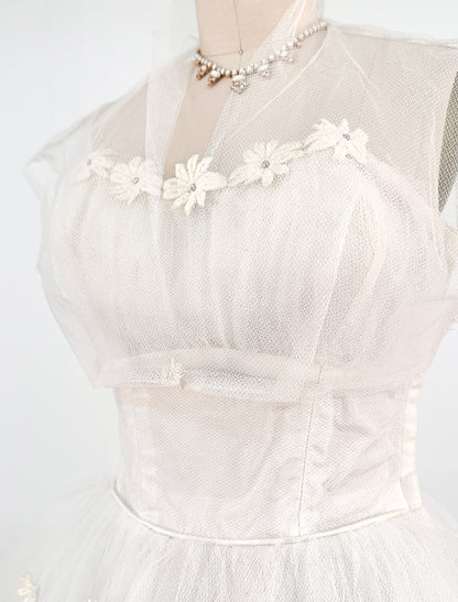 1950s Swan White Lace Floral Tulle Gown with Matching Bolero / Waist 26