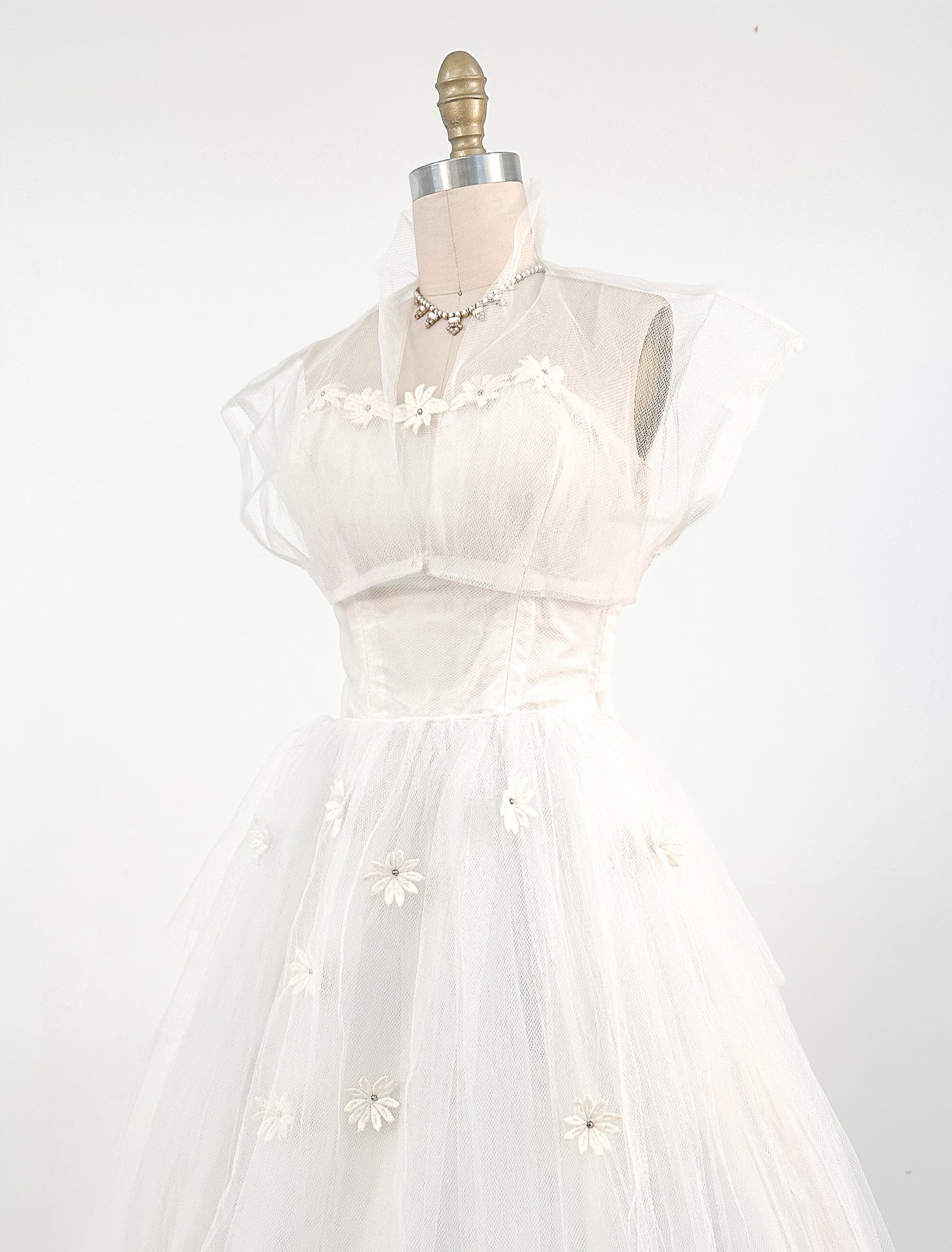 1950s Swan White Lace Floral Tulle Gown with Matching Bolero / Waist 26