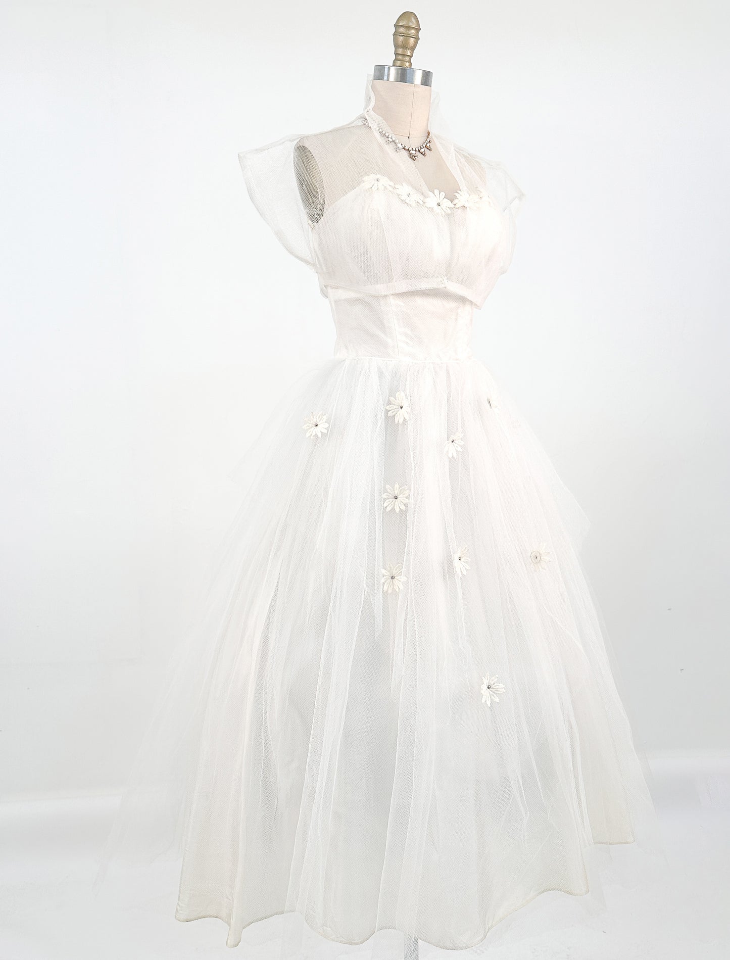 1950s Swan White Lace Floral Tulle Gown with Matching Bolero / Waist 26