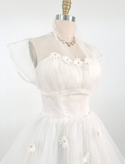 1950s Swan White Lace Floral Tulle Gown with Matching Bolero / Waist 26